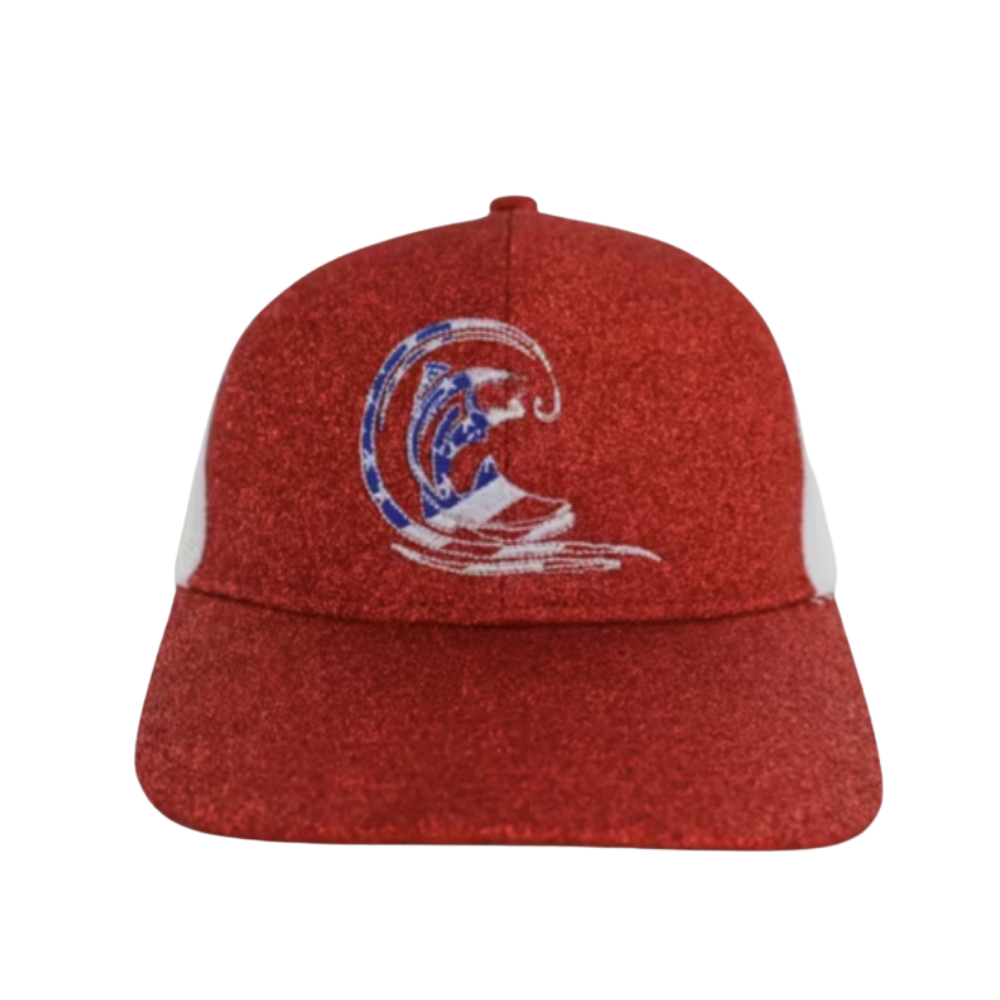 Women's Red Glitter/White Structured Mesh Back Hat Rodeo