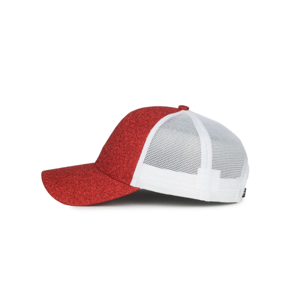 Women's Red Glitter/White Structured Mesh Back Hat Rodeo