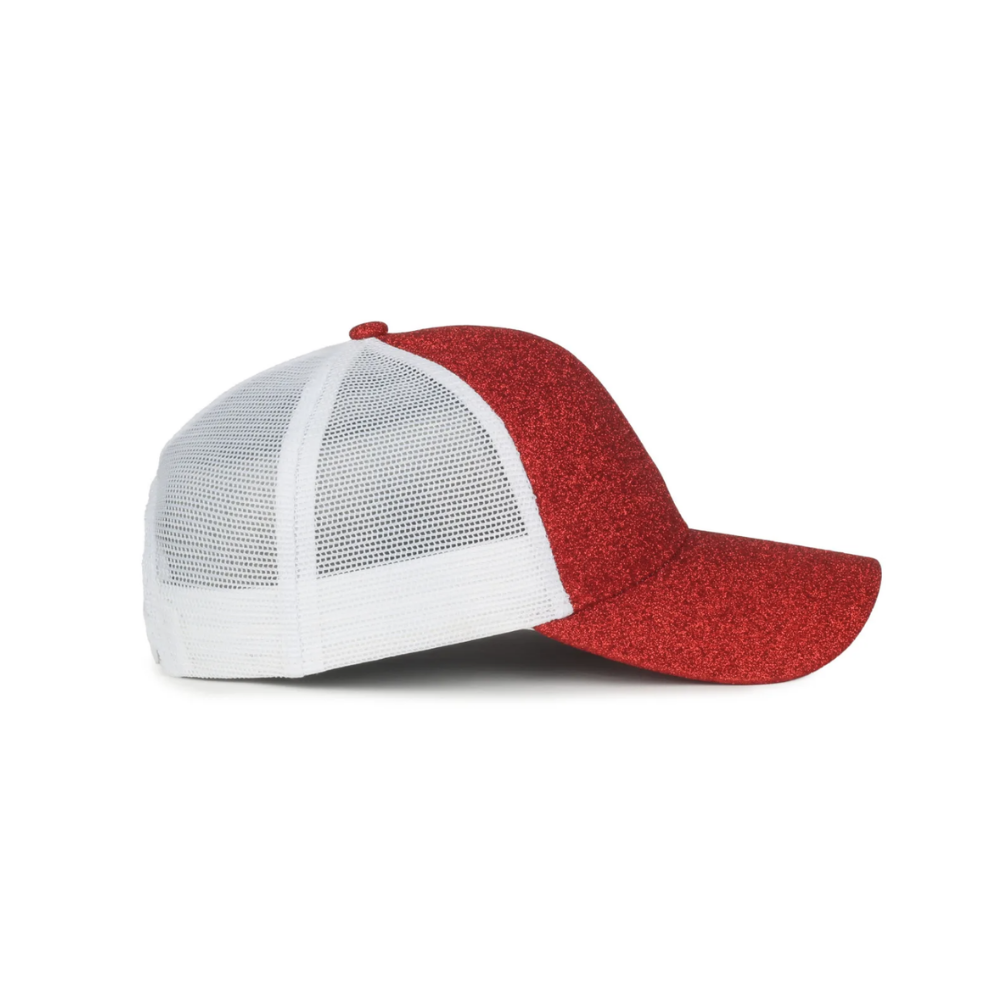 Women's Red Glitter/White Structured Mesh Back Hat Rodeo